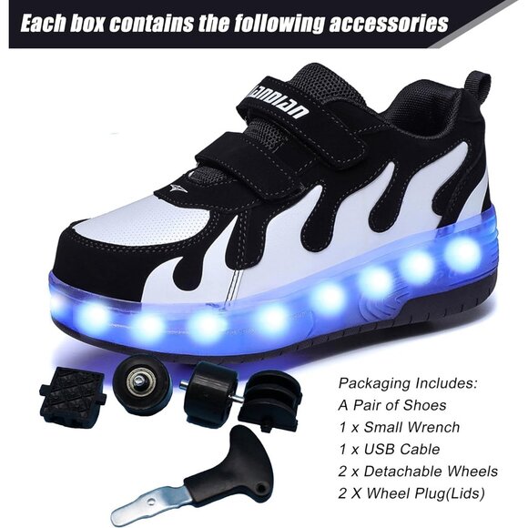 Kids Black/white Usb Chargeable Led Light Up Wheeled Skate Sneaker Shoes - Picture 3 of 6
